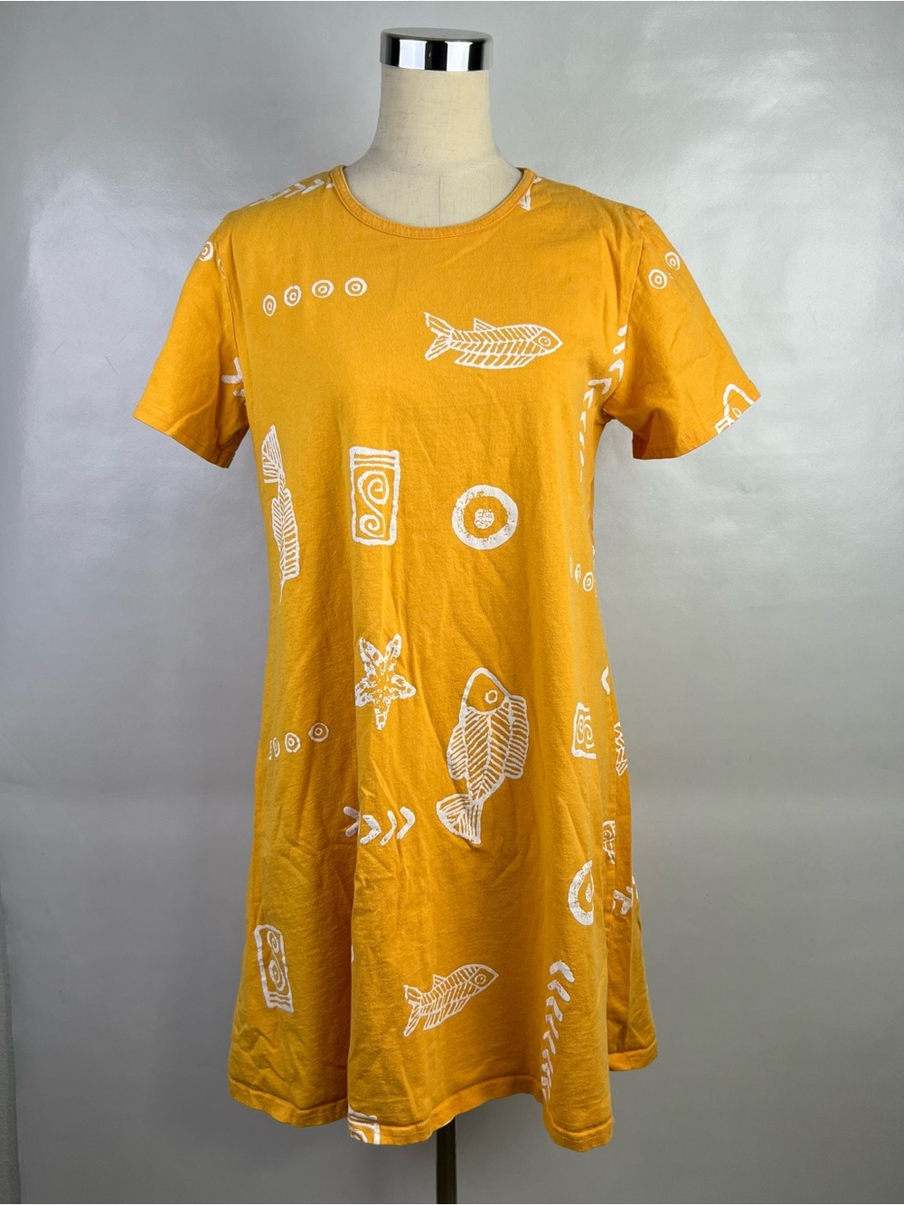 Vintage Jostar Yellow Tropical Fish Print Dress Made in USA Size M
